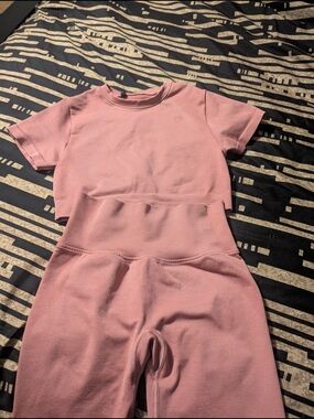 Pink Two-Piece Active Set - Short Sleeve Crop Top & High-Waist Shorts